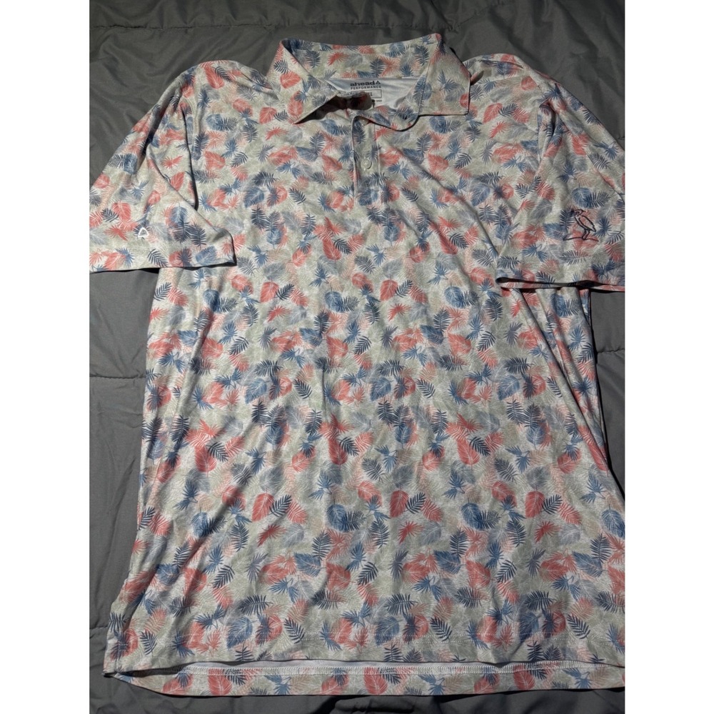 Ahead Performance Mens Small Polo Shirt Tropical Palm Leaf Print Golf Top Coral